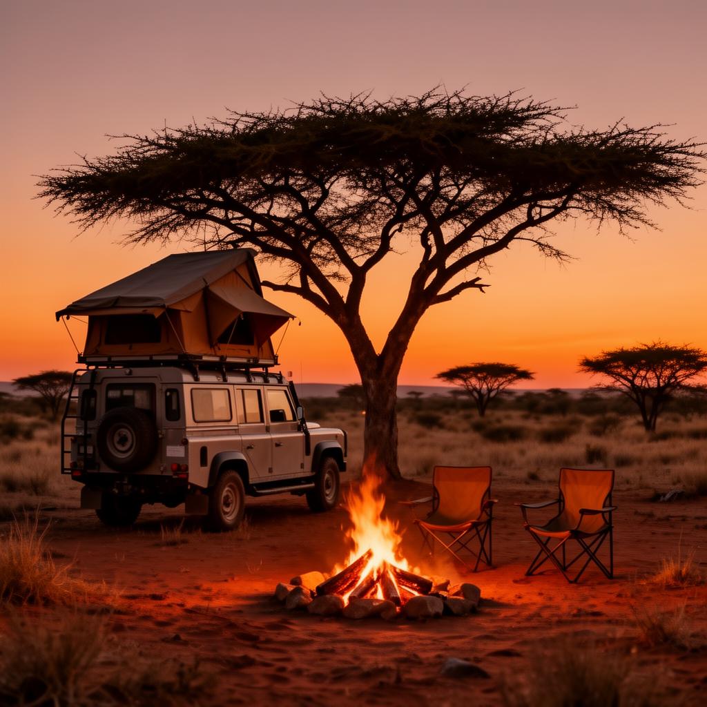 4x4 with rooftop tent and campfire under acacia tree at sunset in Namibia