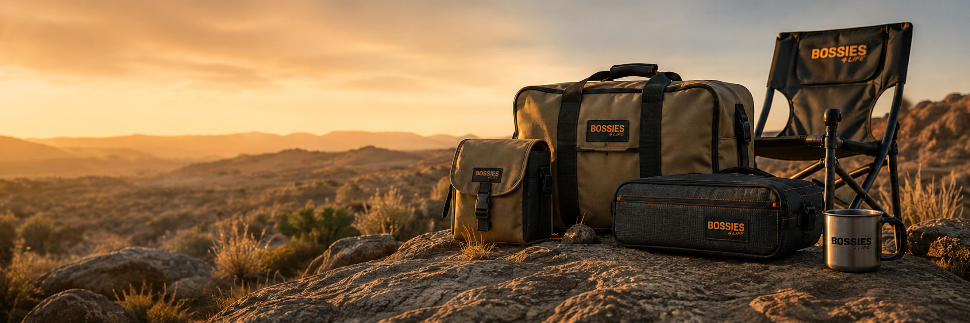 Bossies canvas bags and chair at sunset in the Namibian landscape